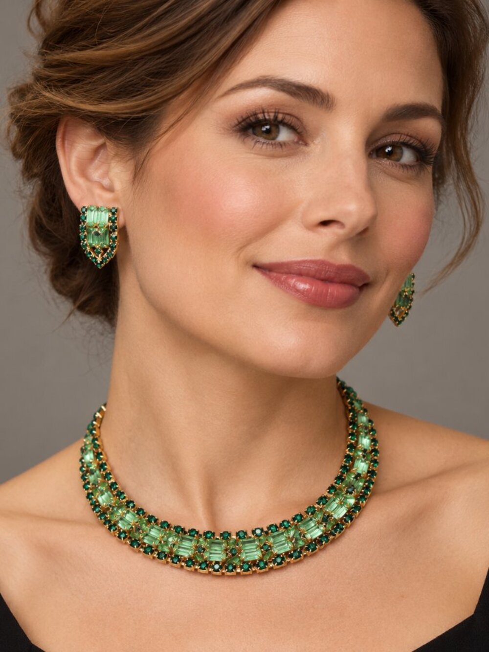 Vintage Mid-Century Signed Continental Green Rhinestone Necklace & Earrings Set
